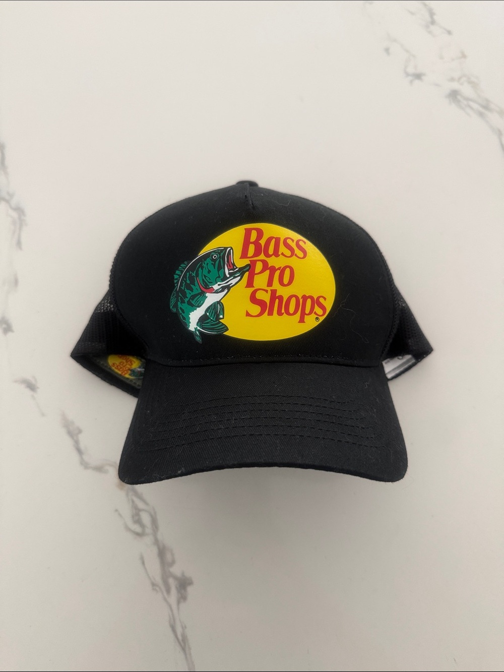 Bass Pro Shops Black Cap with Yellow Logo and Green Fish